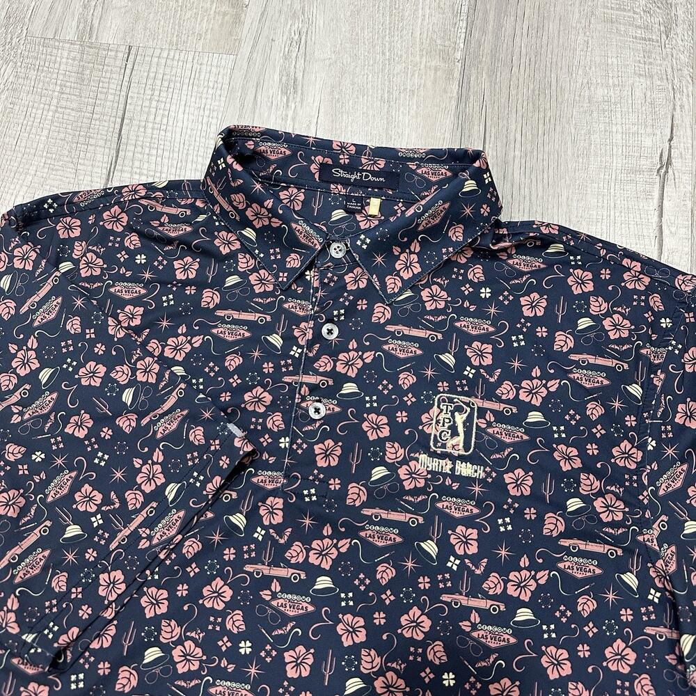 Straight Down Polo Shirt Mens Large Blue TPC Myrtle Beach Golf Las Vegas Graphic